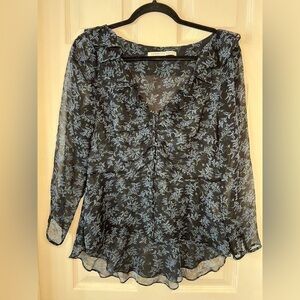 Veronica Beard Floral Black and Blue Sheer Blouse Size 8